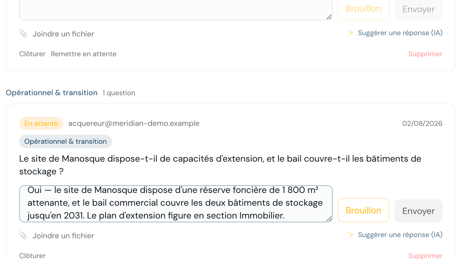 La file de questions et le brouillon de réponse